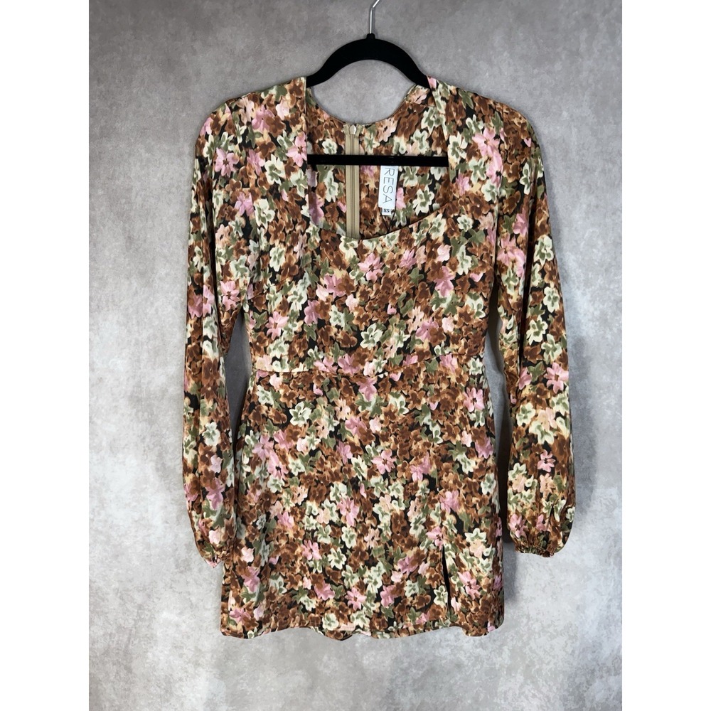 RESA Jasmine Satin Square Neck Long Sleeve Floral Mini Dress In Brown Size XS